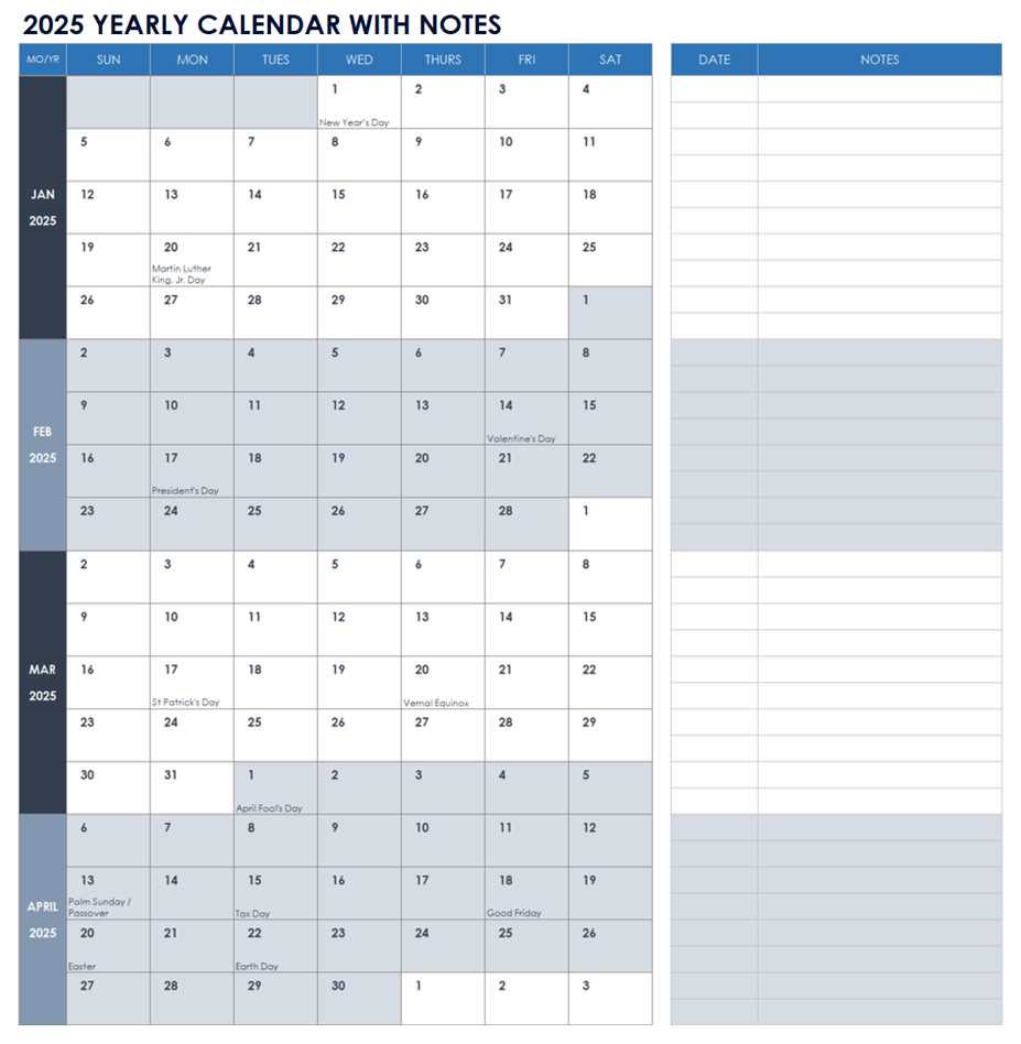 yearly task calendar template