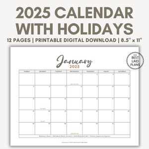 2025 monthly calendar template with holidays