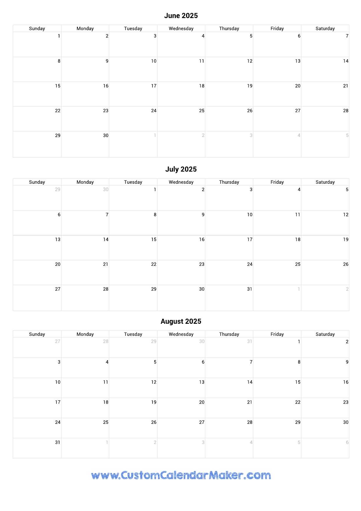 calendar template june july august 2025