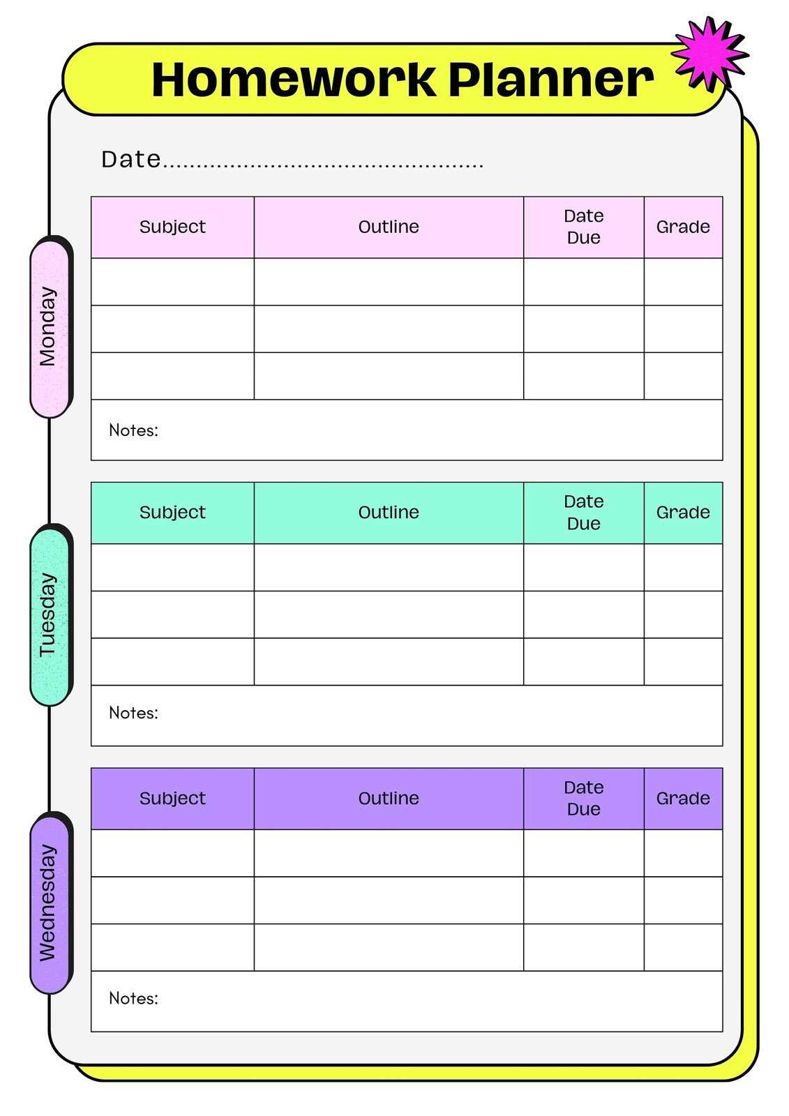 blank homework calendar template