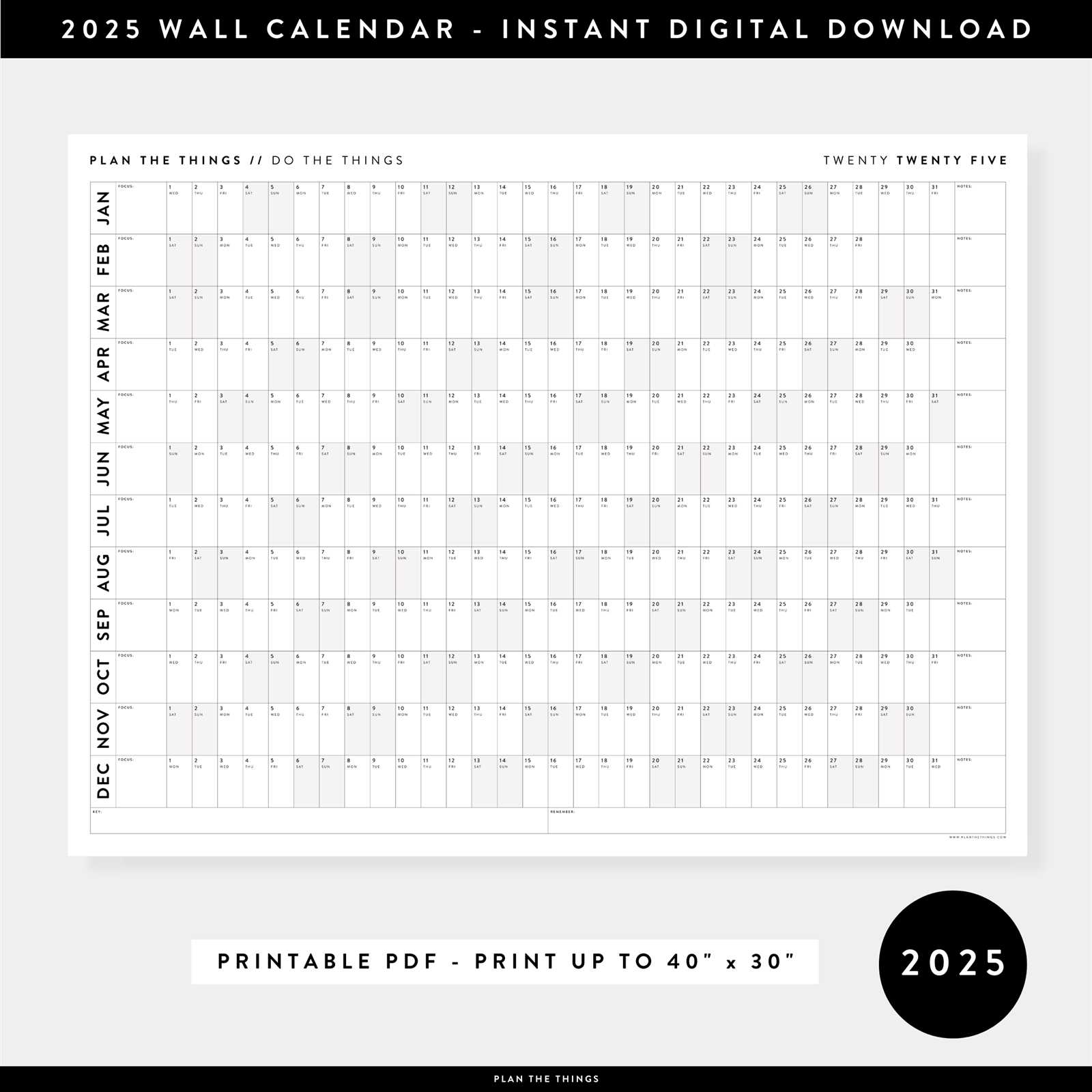 horizontal calendar template 2025