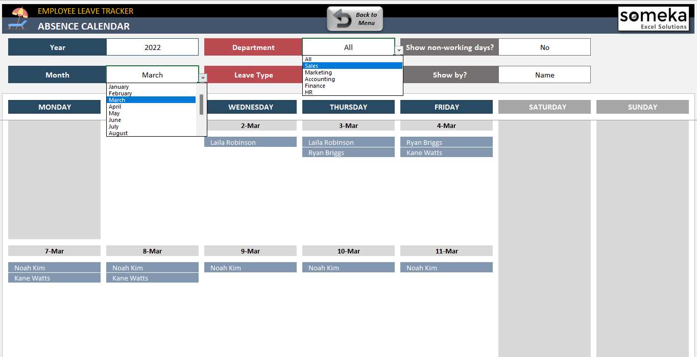 employee absence calendar template