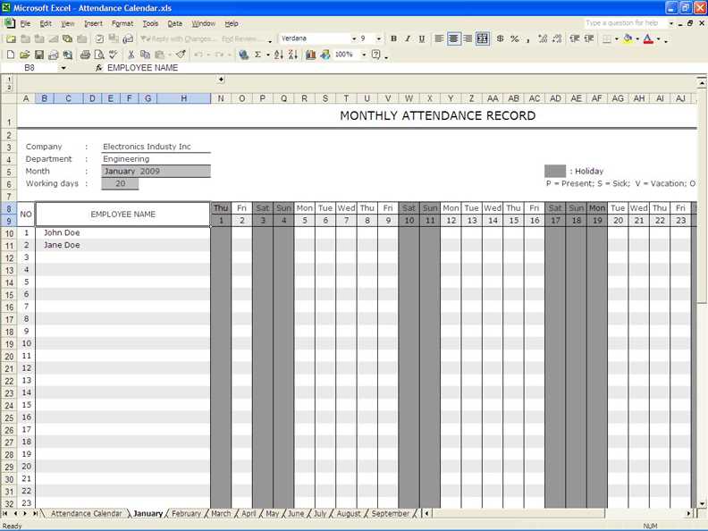 employee attendance calendar template