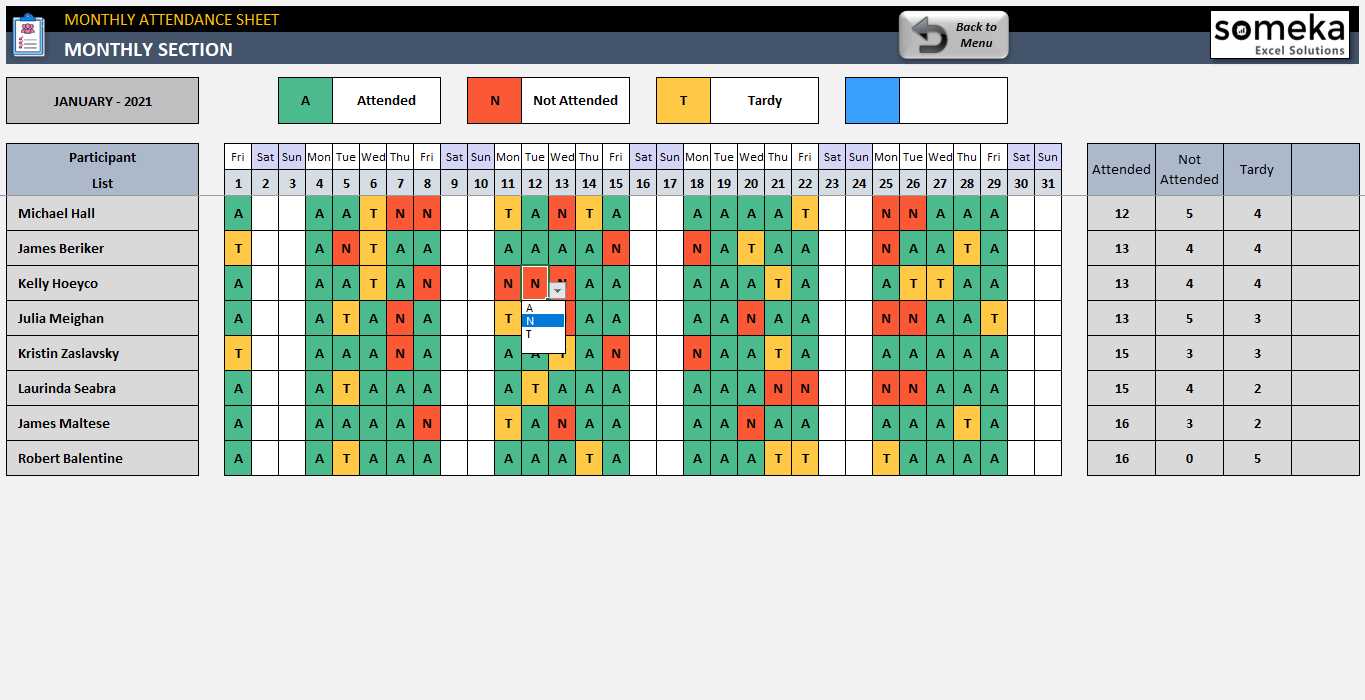 employee attendance calendar template