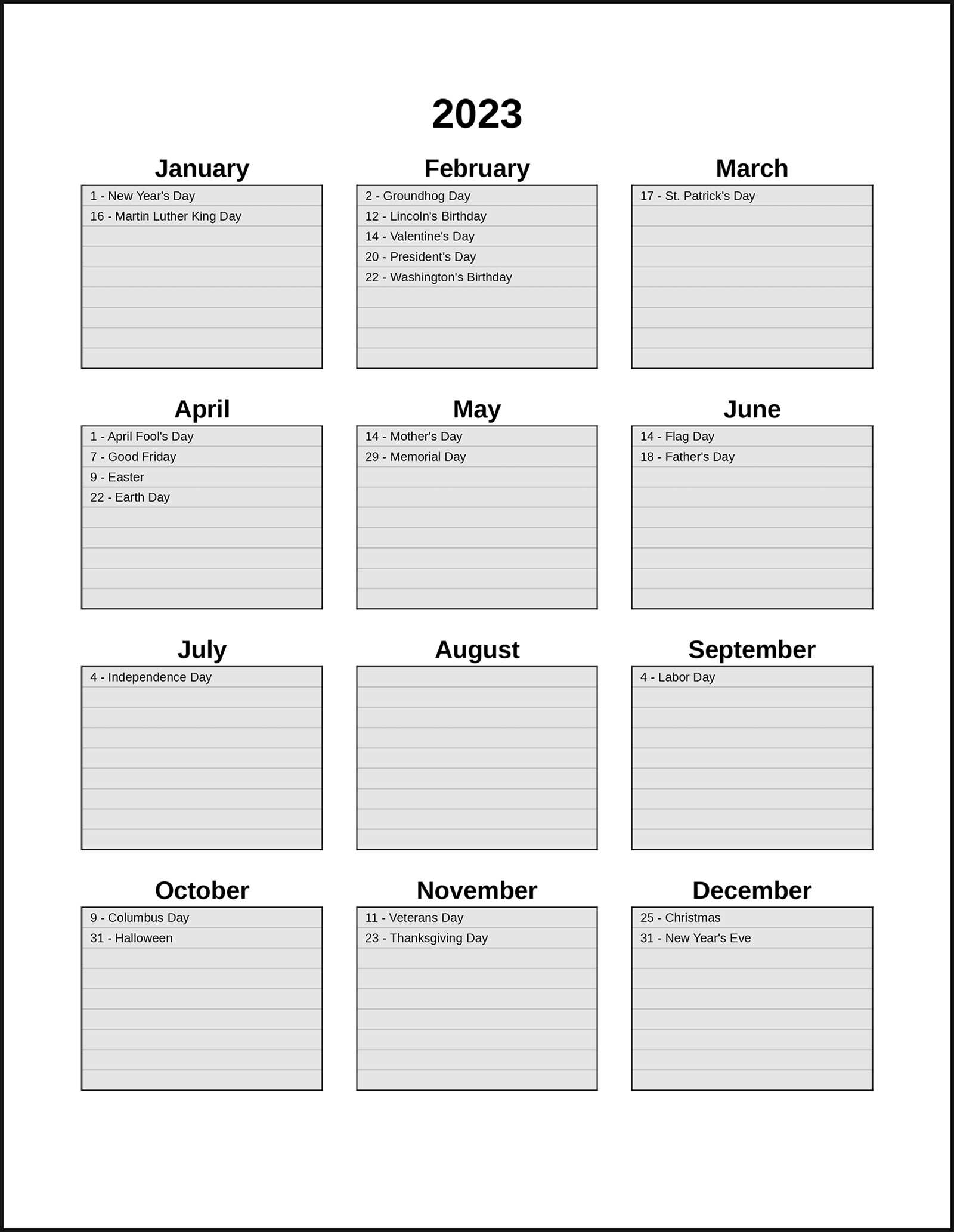 empty yearly calendar template