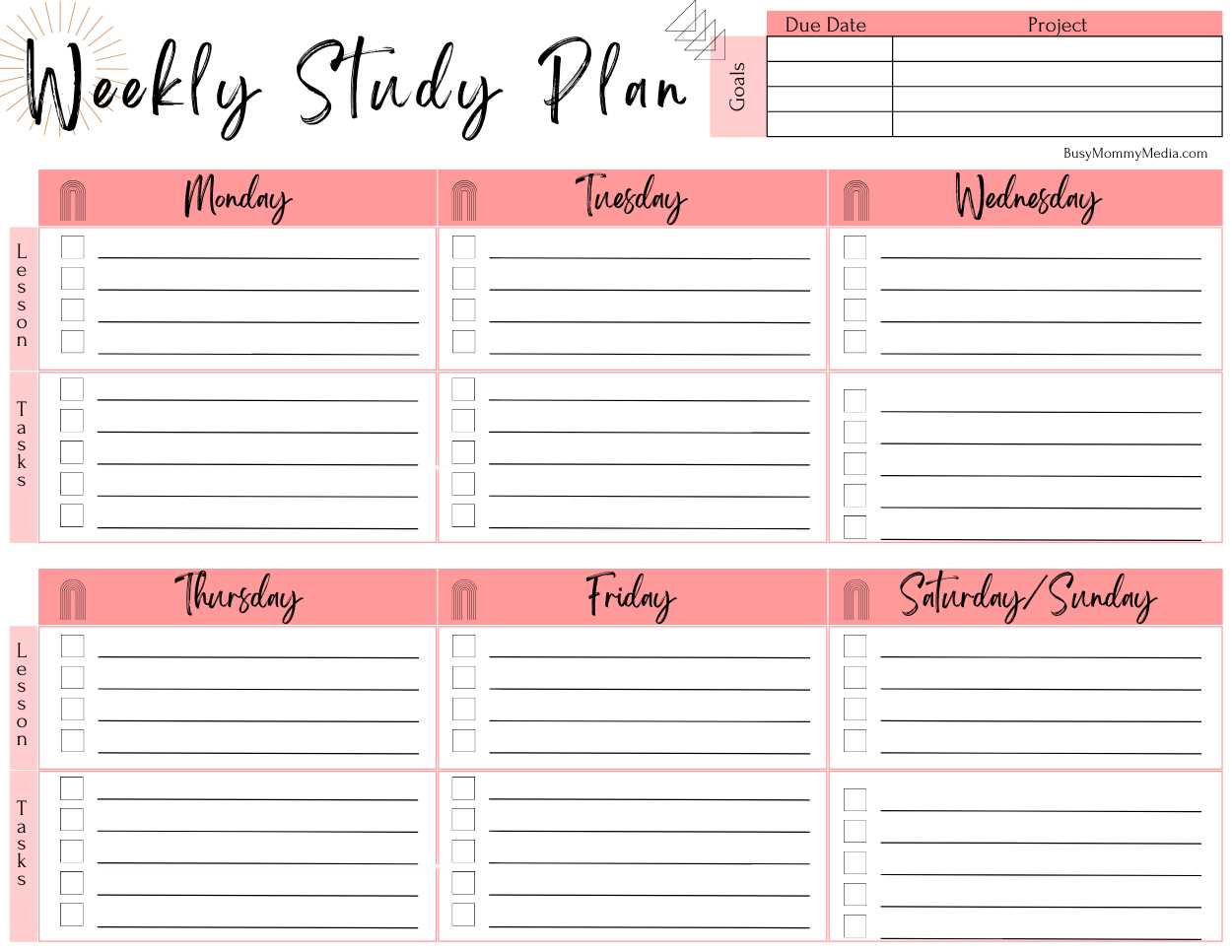 study calendar template