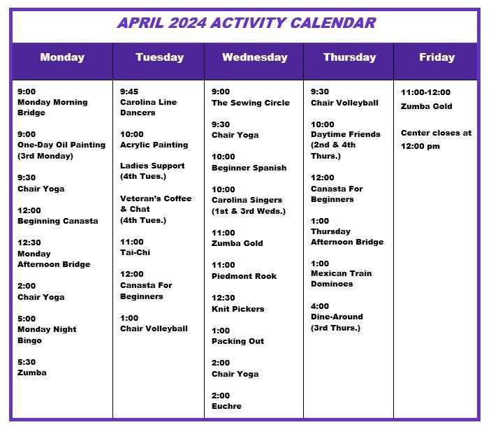 activity calendar template for seniors