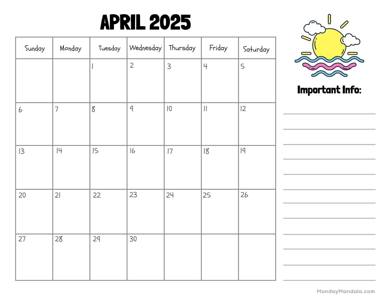 calendar template april 2025 editable