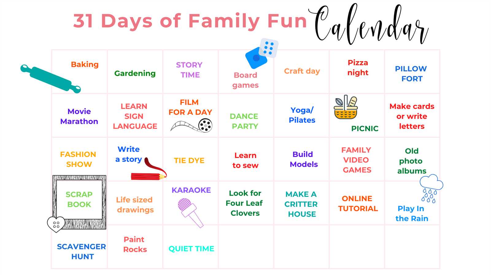 family activity calendar template