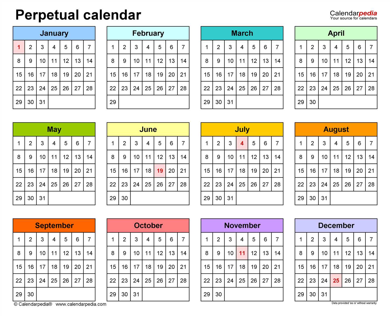 forever calendar template