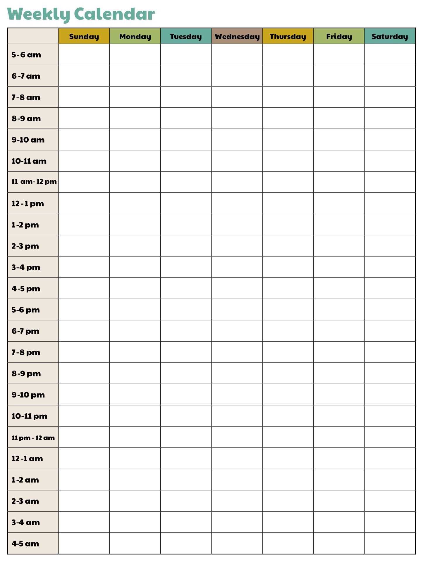 printable weekly calendar template with time slots