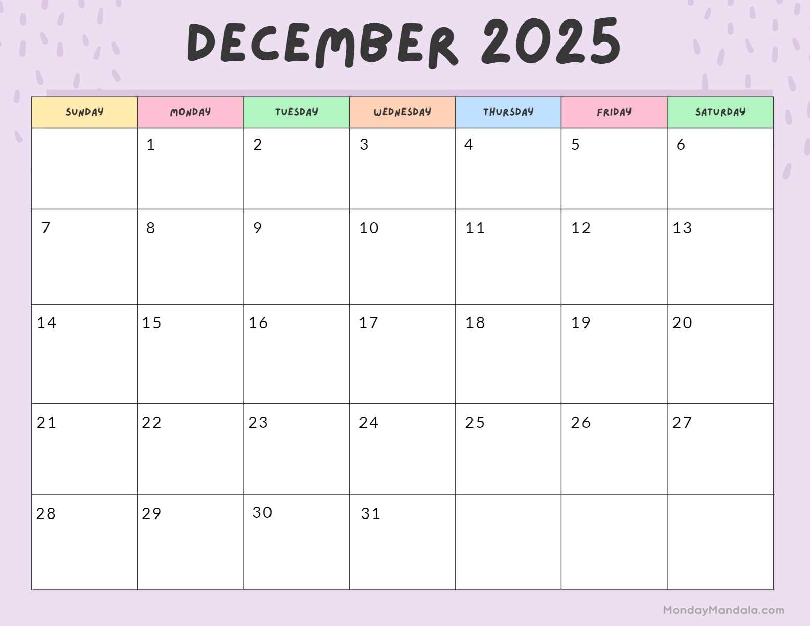 free calendar template december 2025