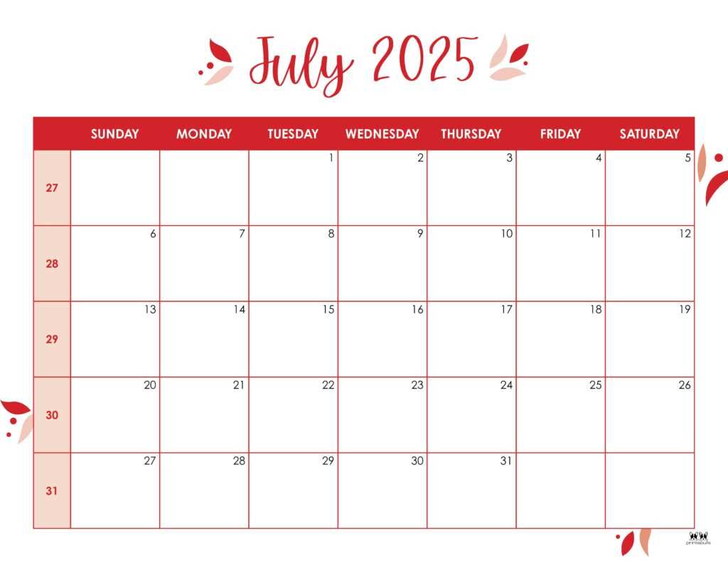 free calendar template july 2026