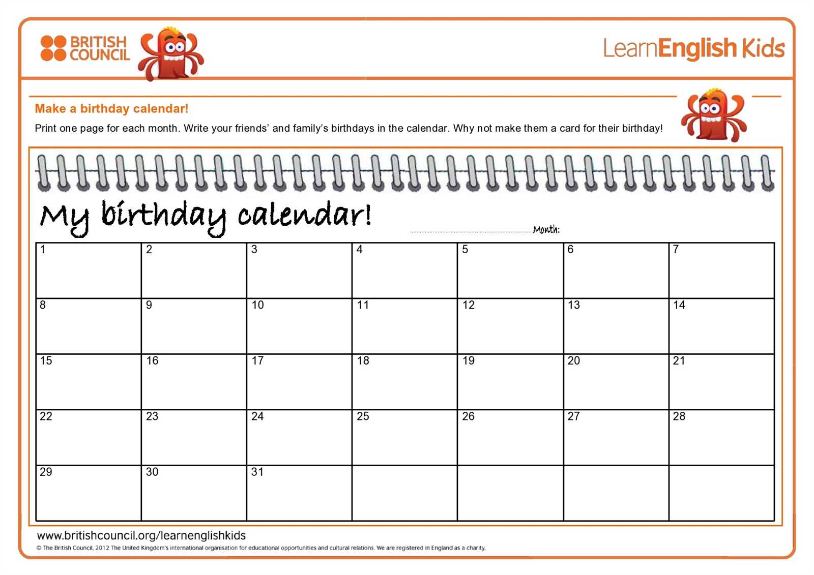 editable birthday calendar template