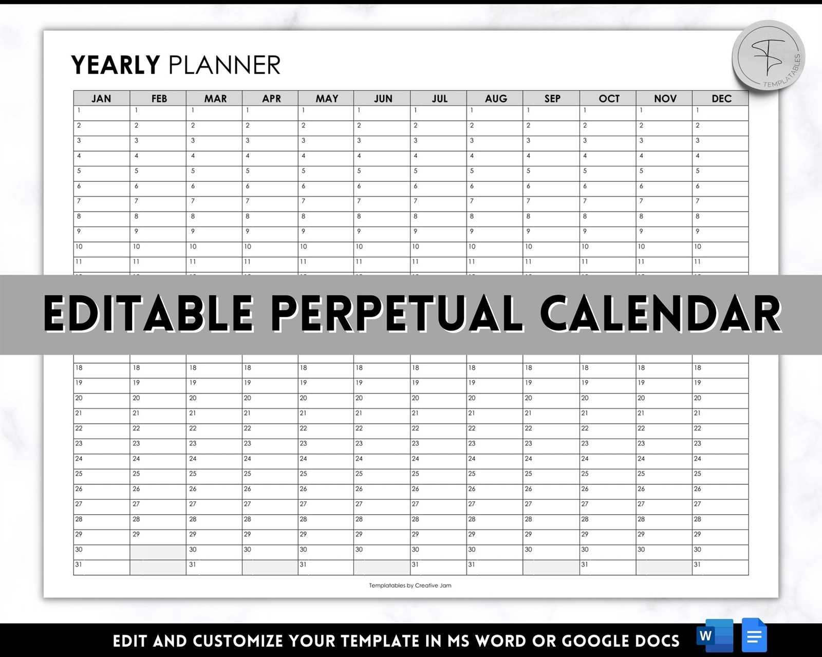 yearly calendar on one page template