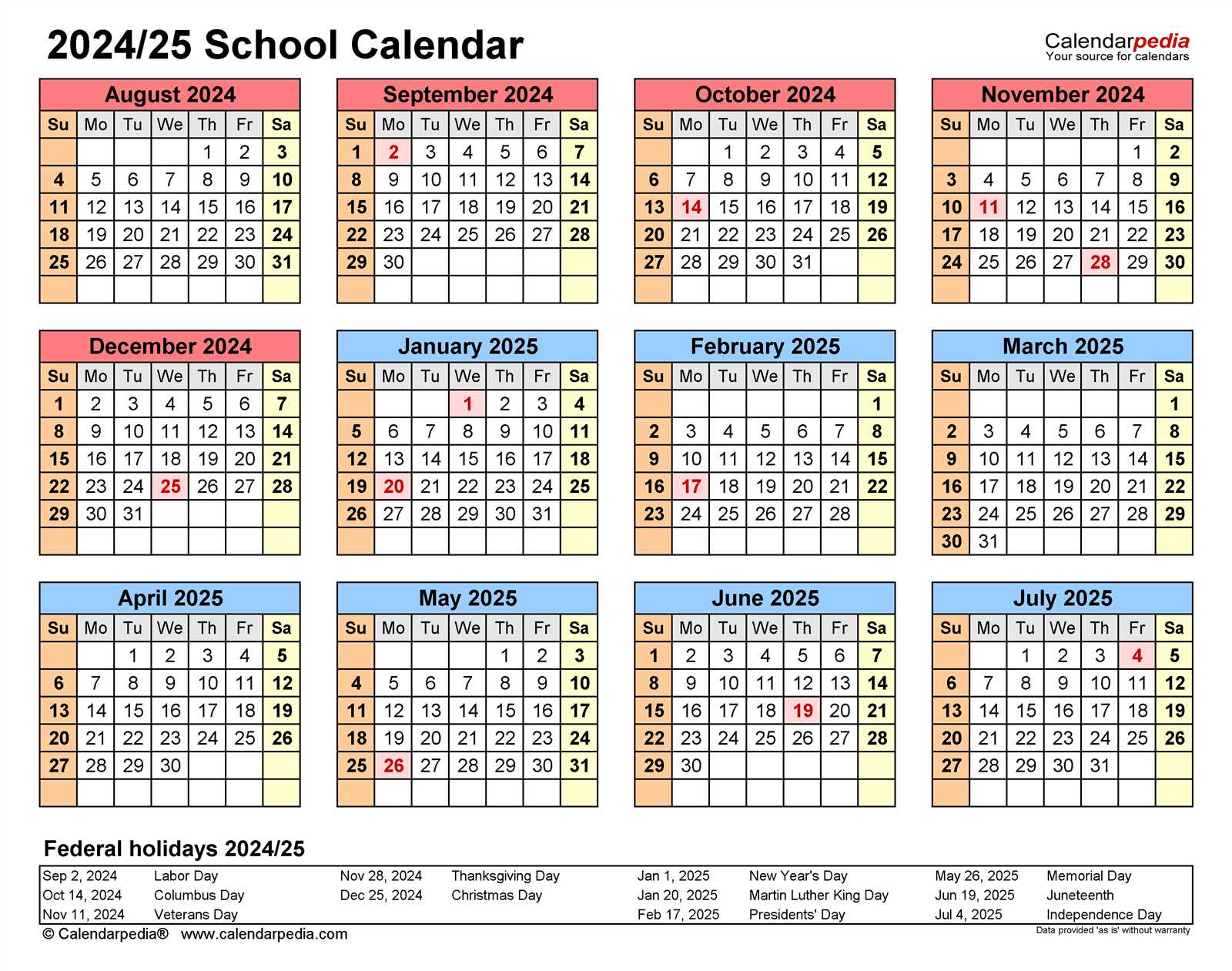 2025 to 2025 school year calendar template