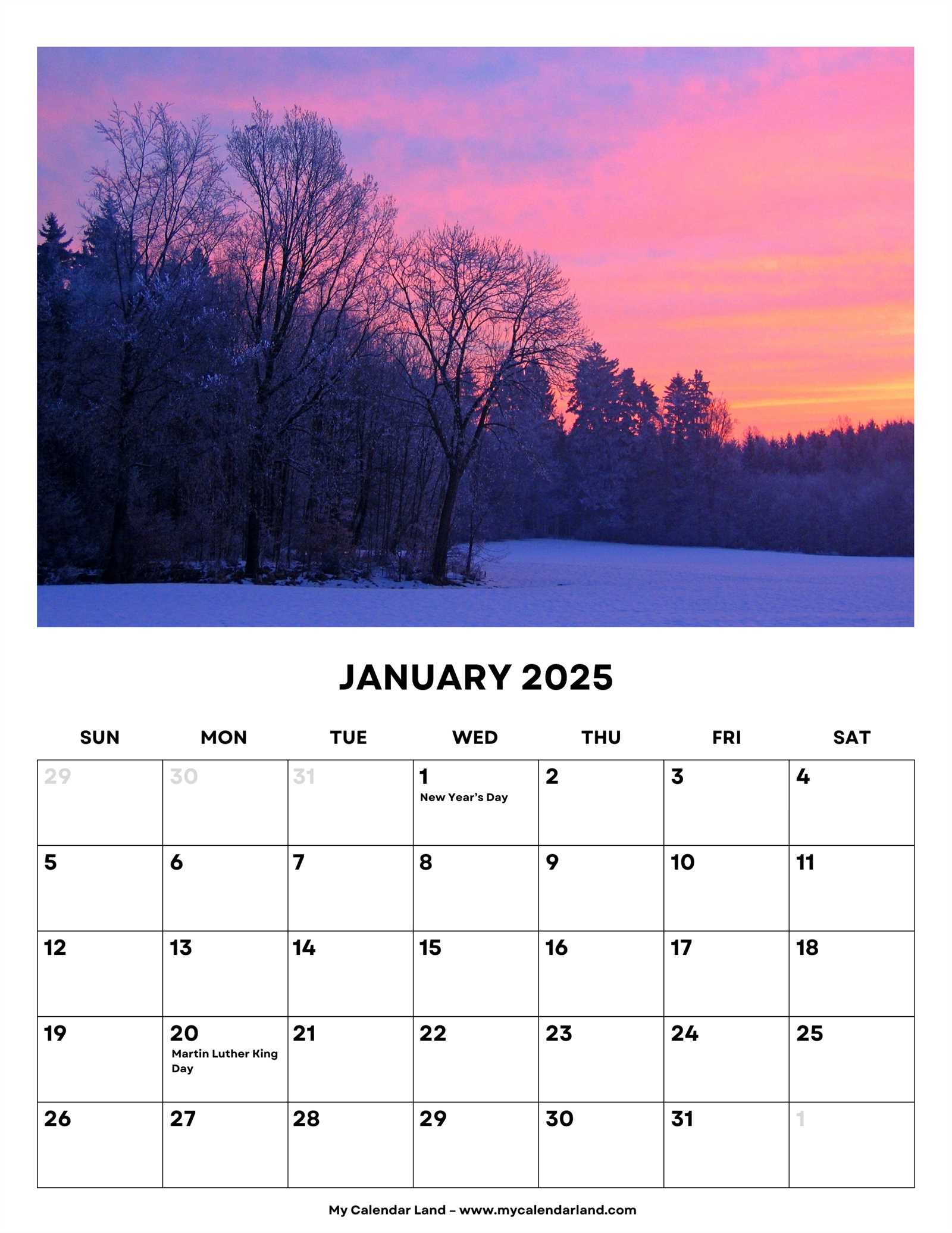 free calendar template january 2025