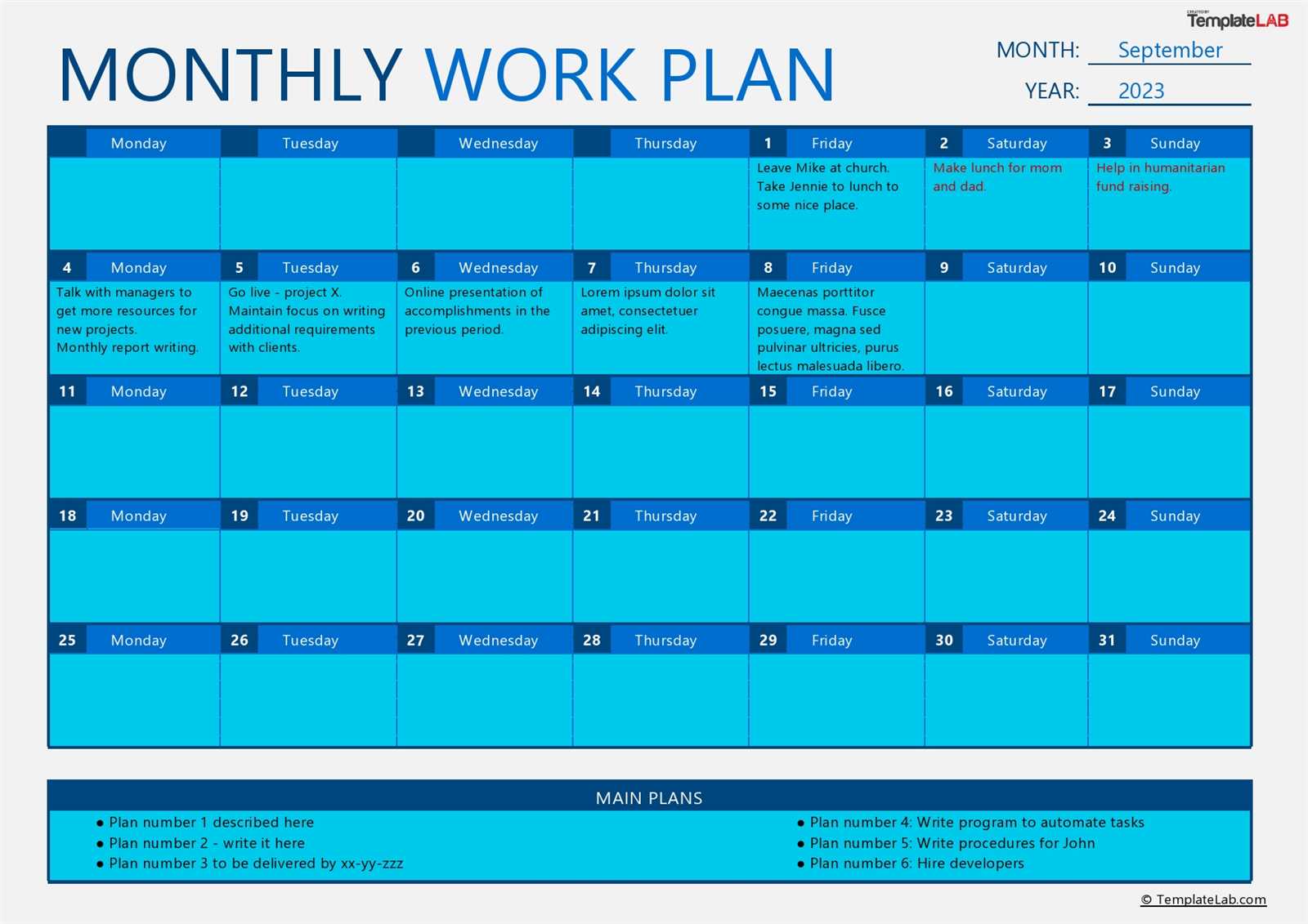 work planning calendar template