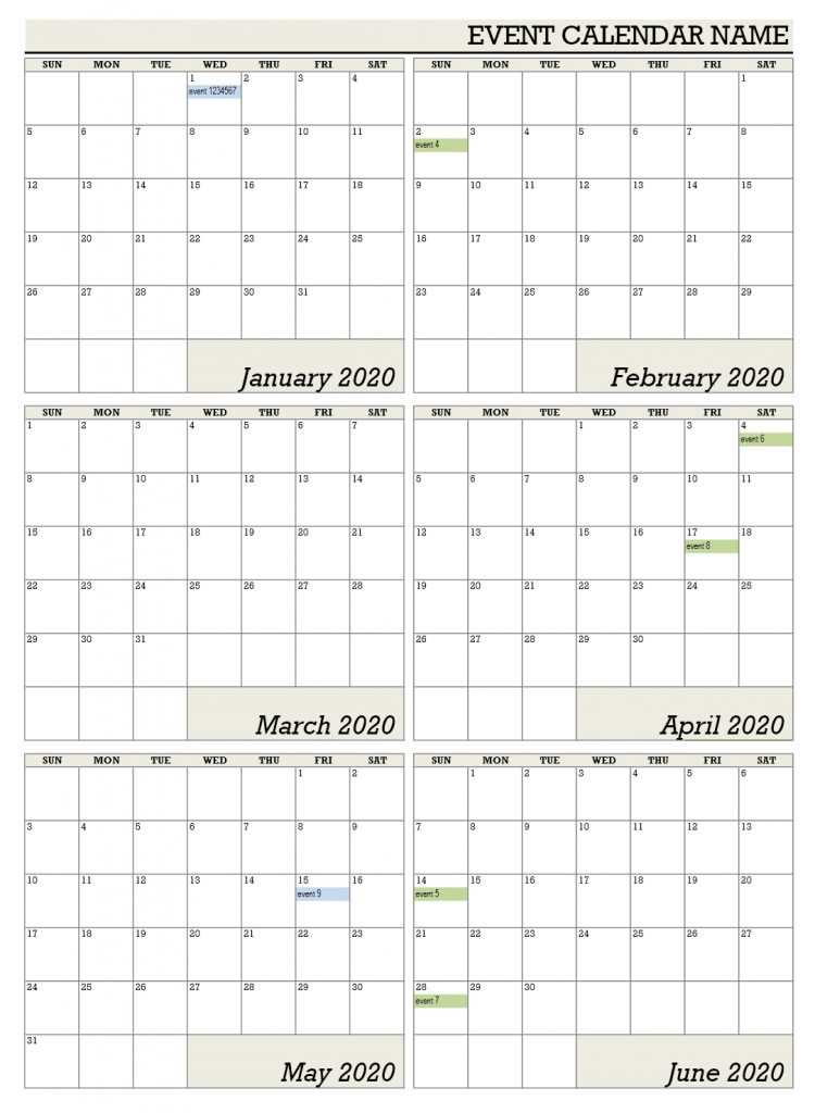 six month calendar template