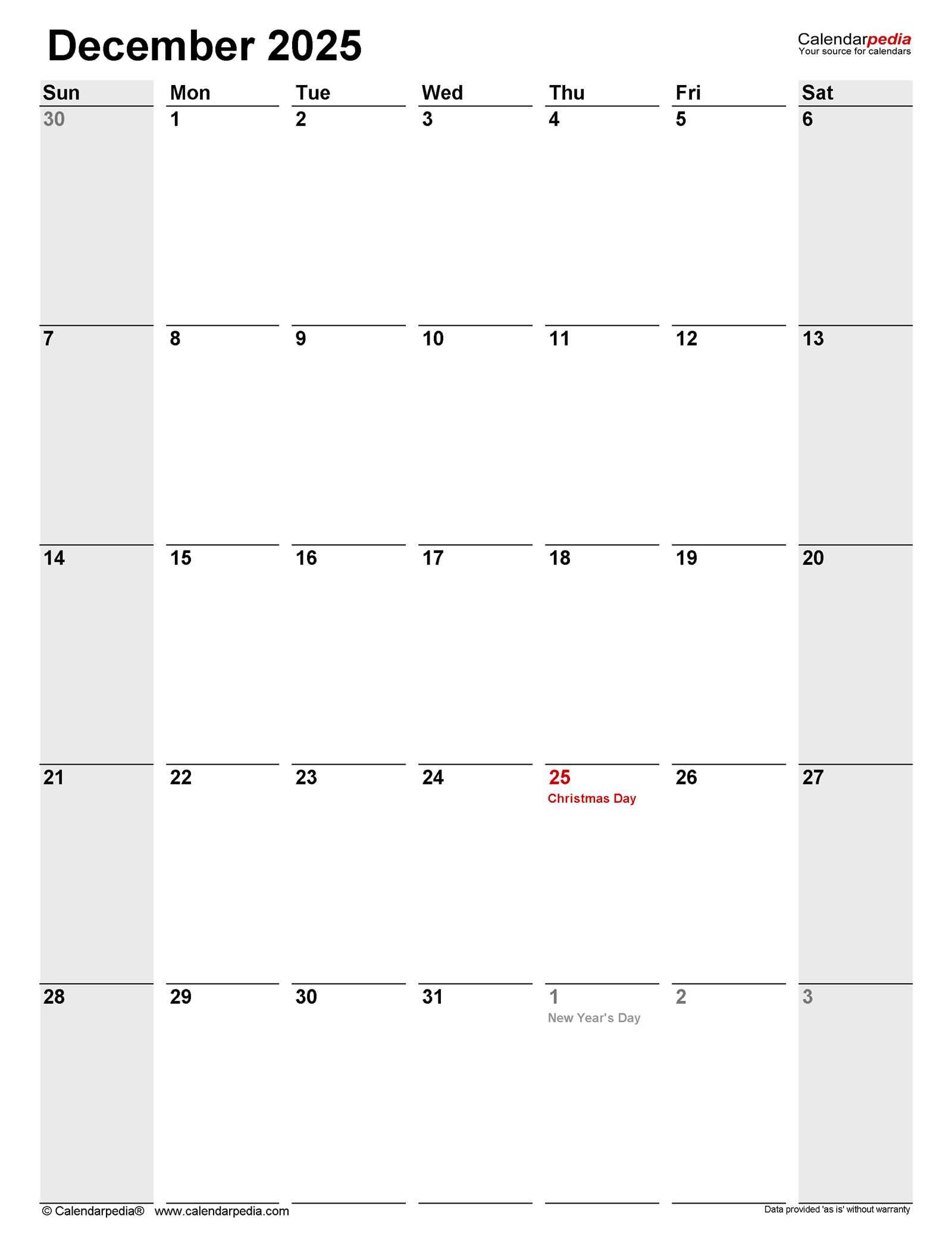 blank calendar template december 2025