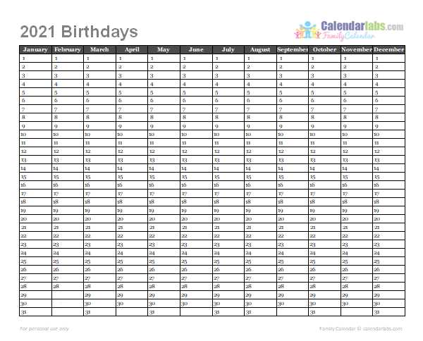 template for birthday calendar