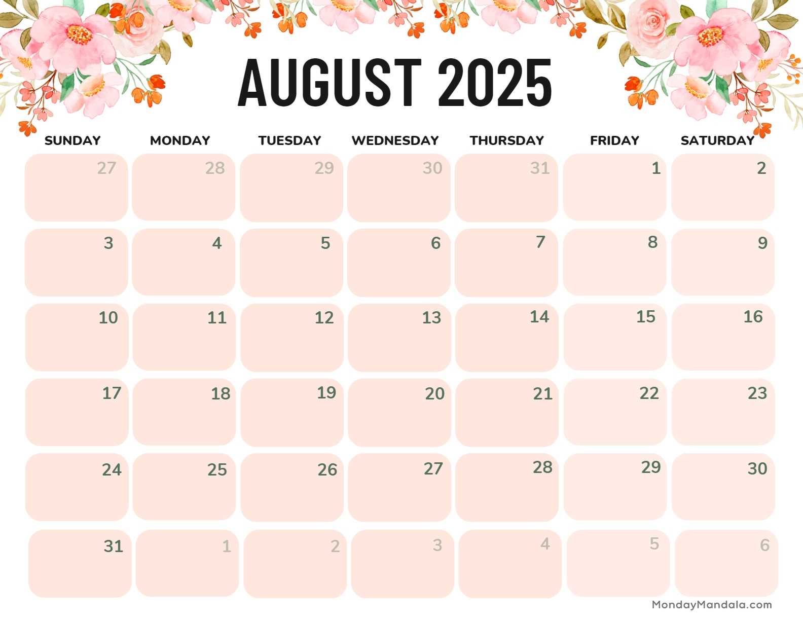 free august calendar template 2025