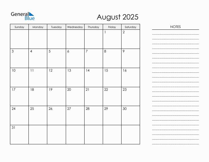 free template of august 2025 calendar