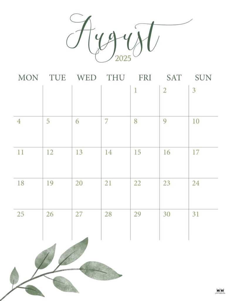 free template of august 2025 calendar