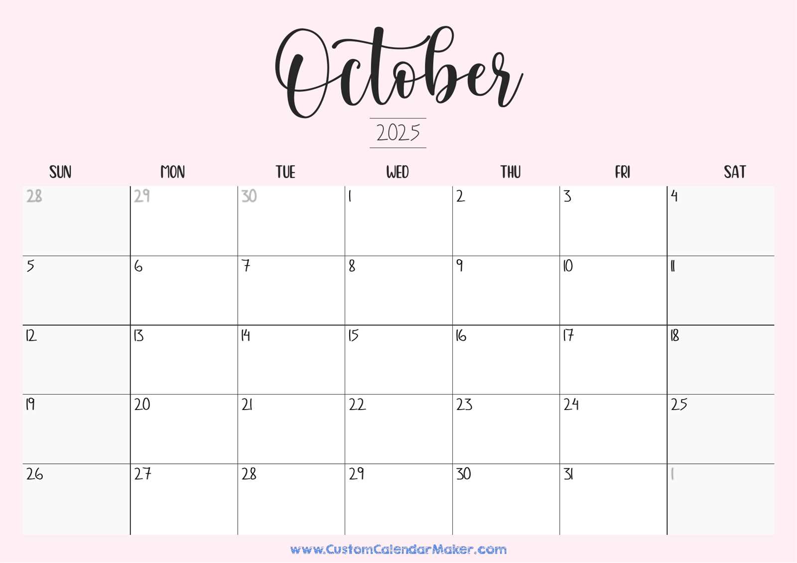 monthly calendar template october 2026