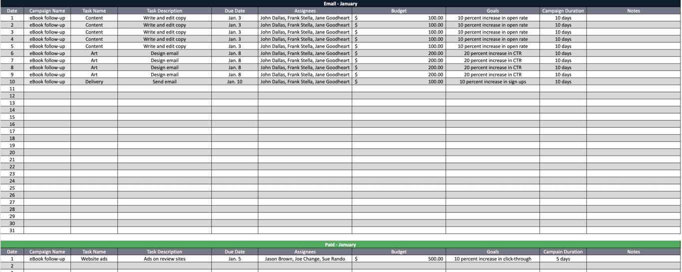 project manager calendar template