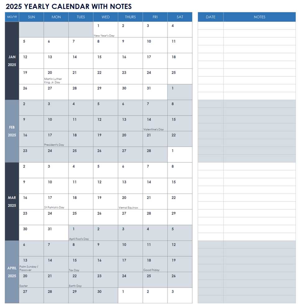 2025 calendar template with notes