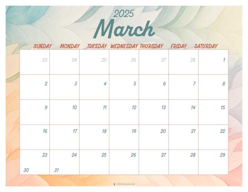 calendar template march 2025