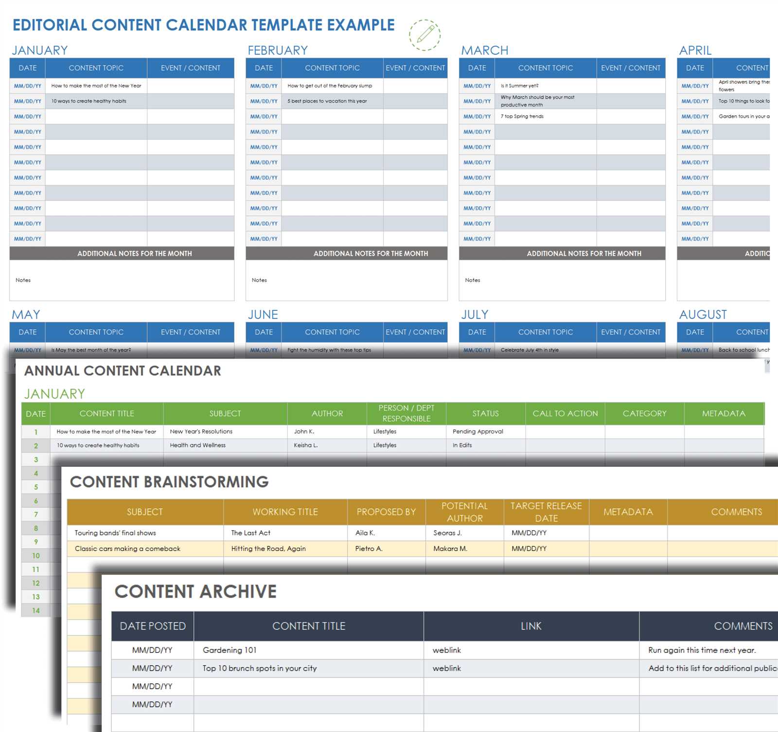 website content calendar template