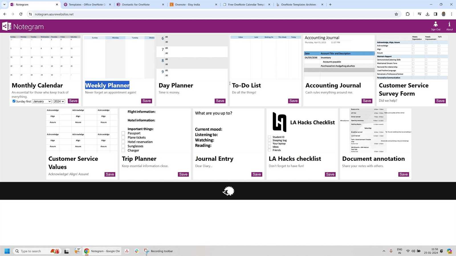 onenote template calendar