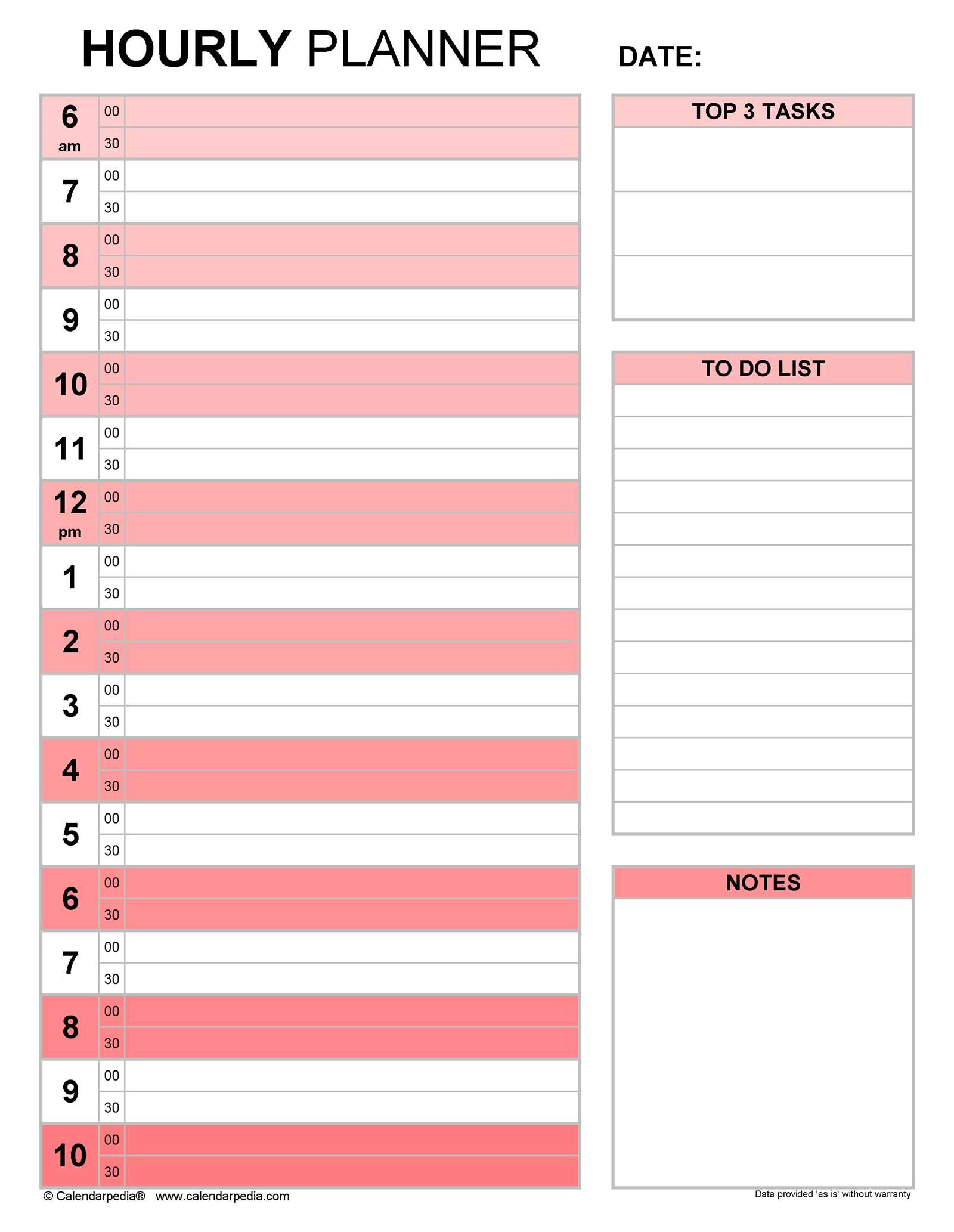 hourly weekly calendar template