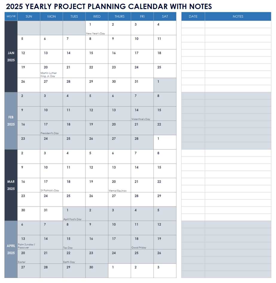 yearly project calendar template