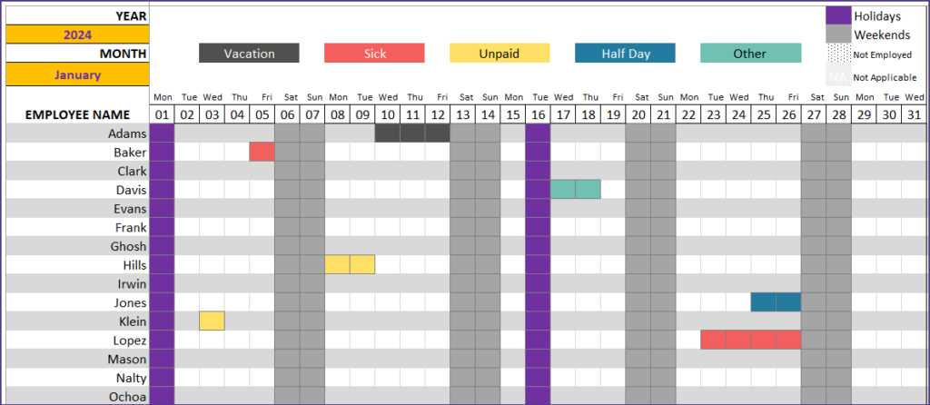 employee absence calendar template