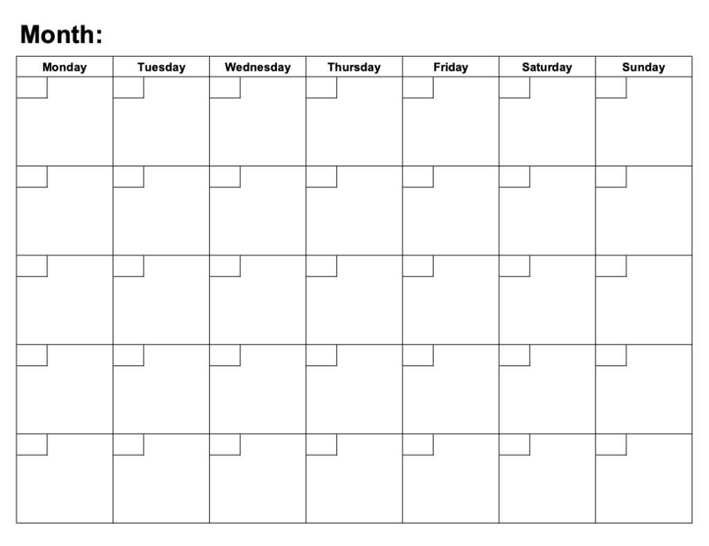 5 day monthly calendar template