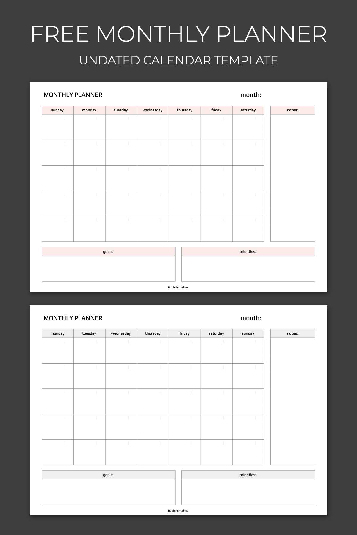 free monthly calendar templates