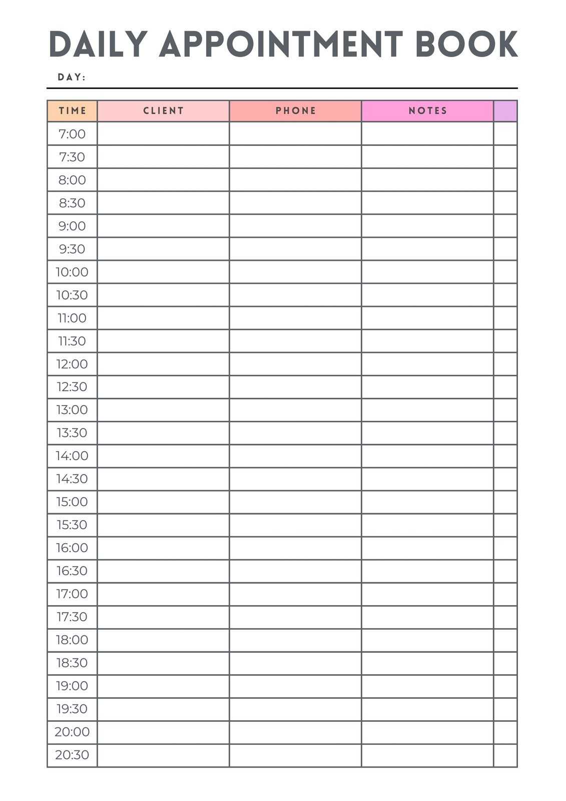 daily appointment calendar template printable