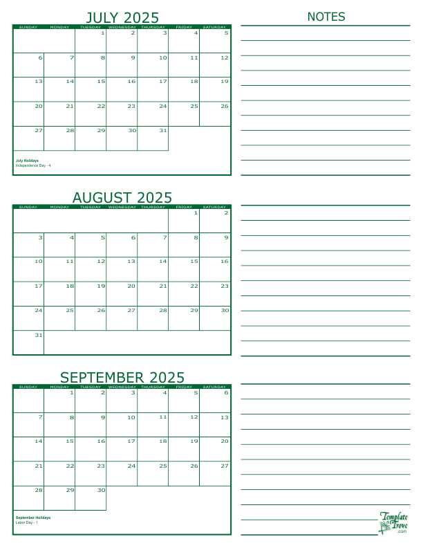 calendar template june july august 2025