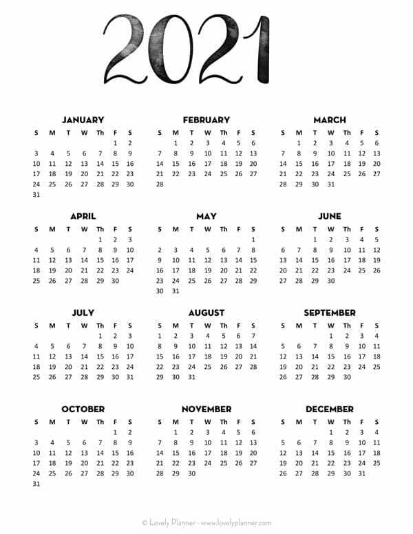 one page year calendar template