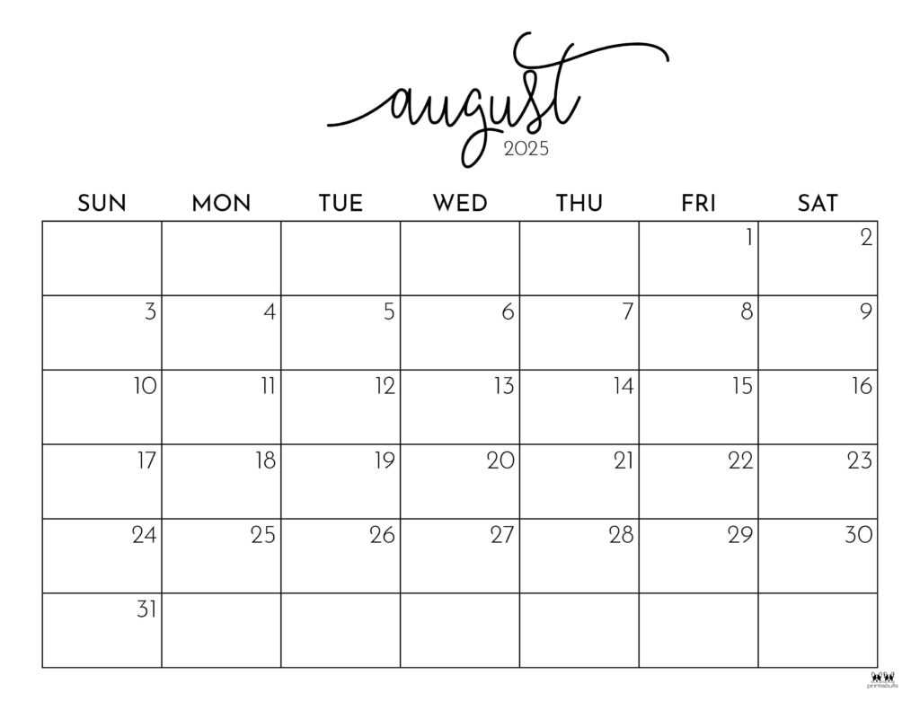 monthly calendar template august 2025