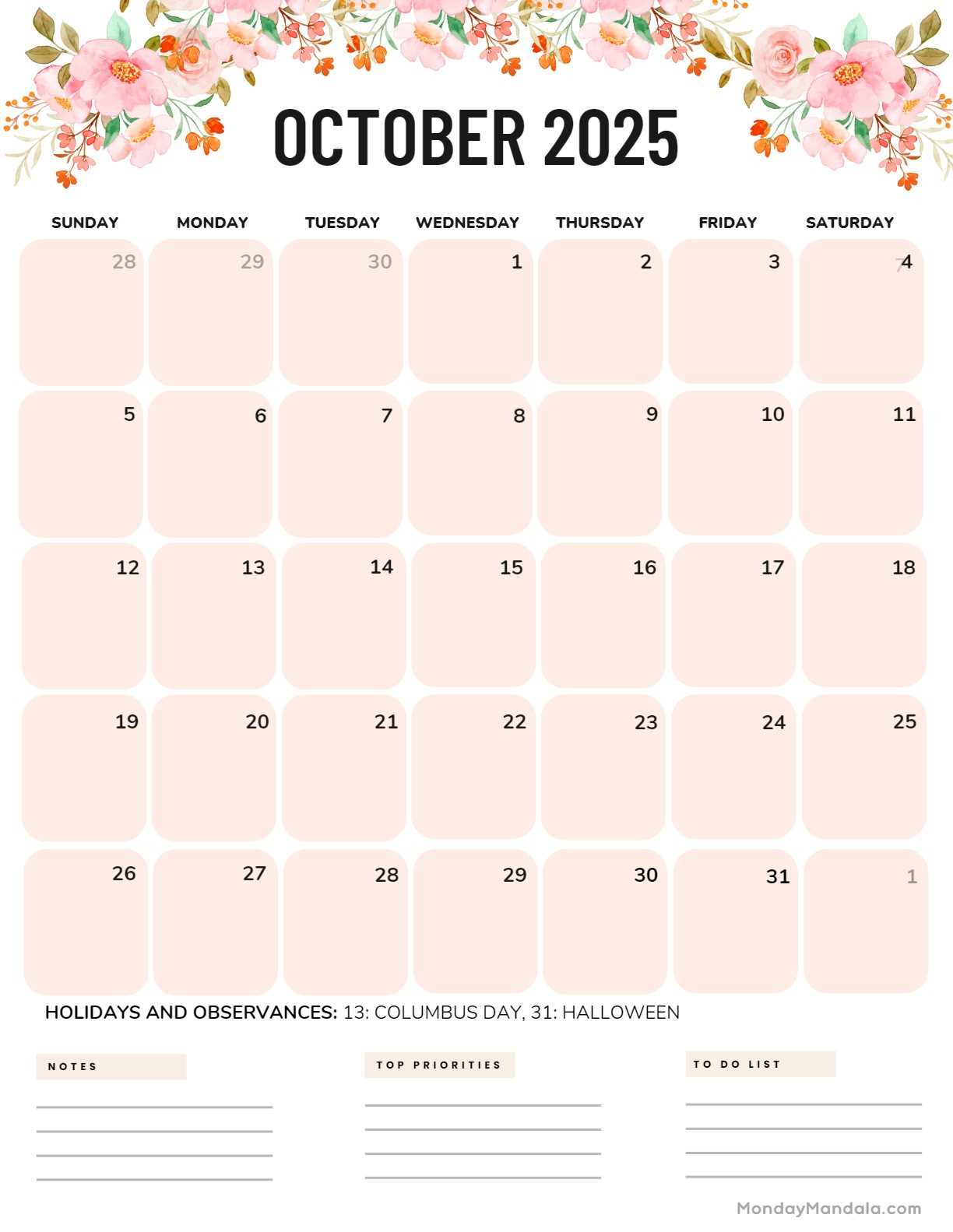 calendar template october 2025