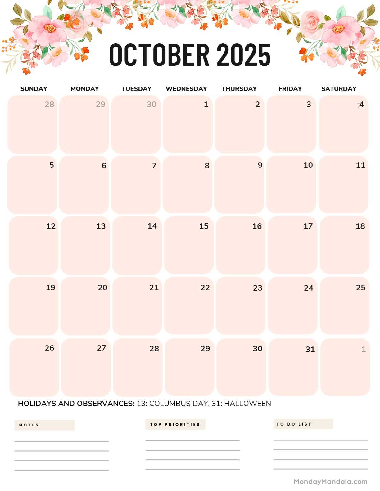 calendar template october 2026