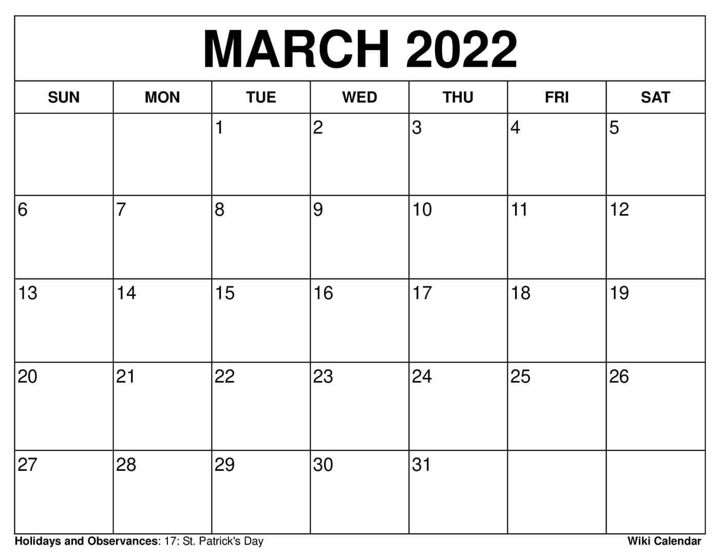 printable march calendar template