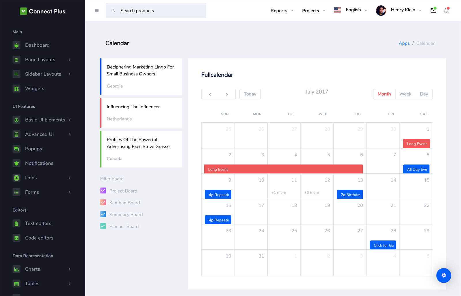 calendar dashboard template