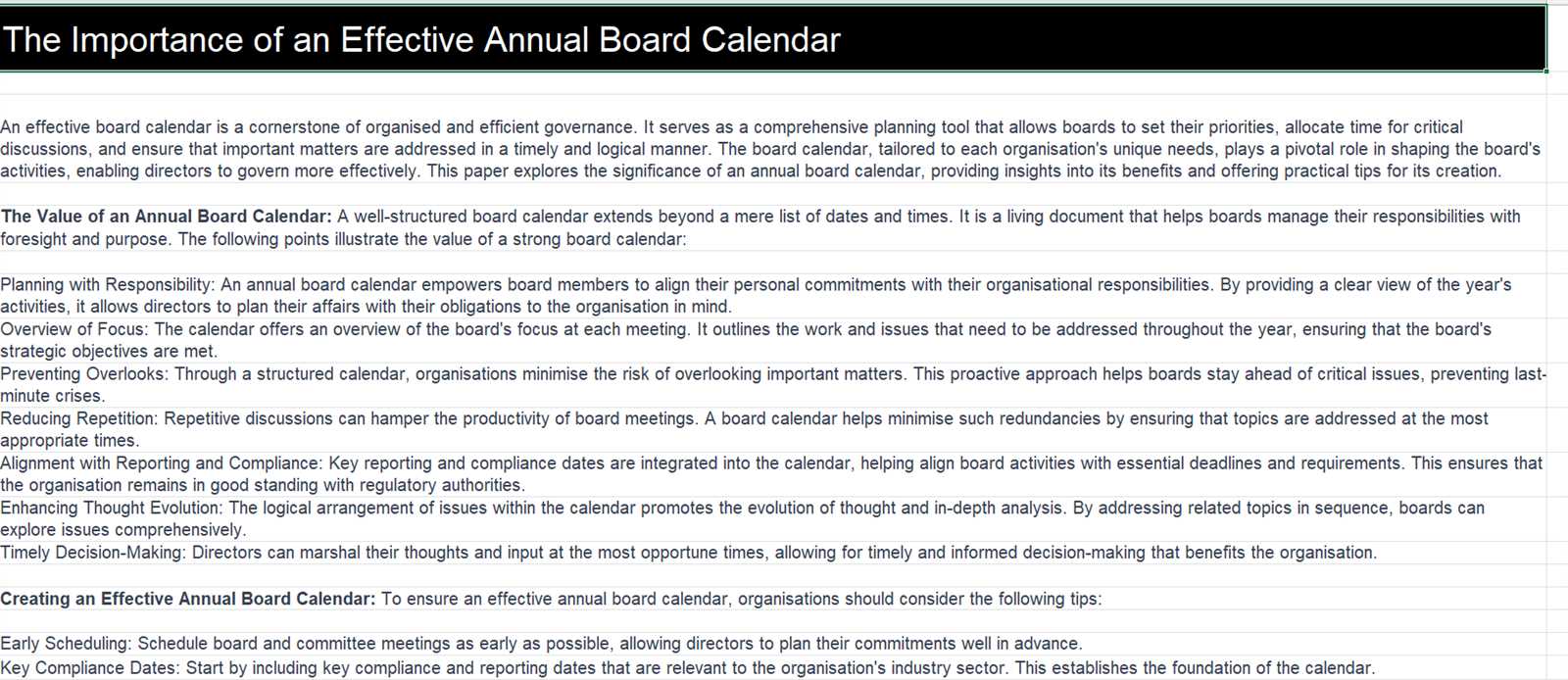 board of directors annual calendar template