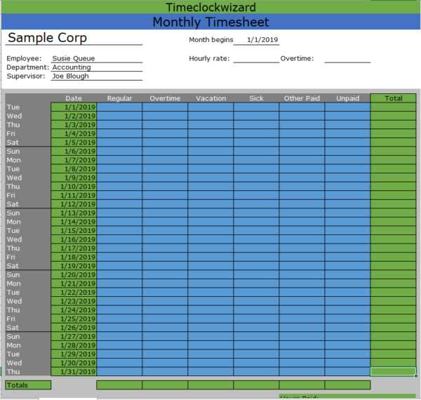 monthly calendar timesheet template