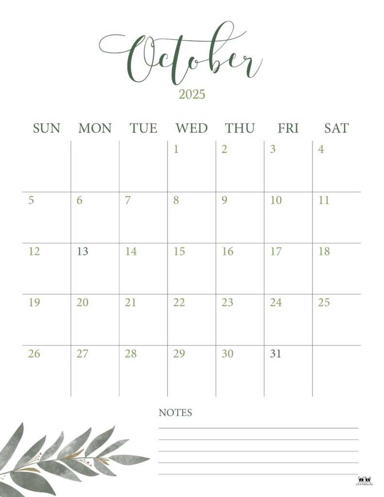 monthly calendar template october 2025